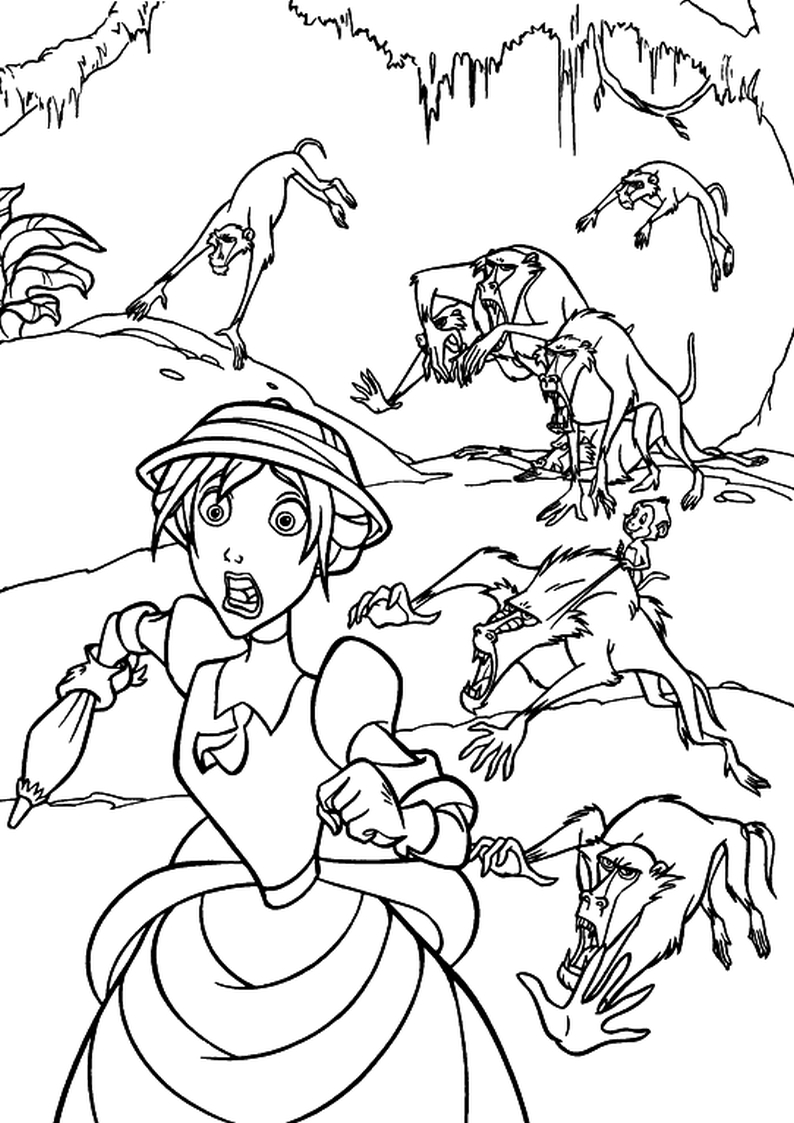 dla dzieci kolorowanka z Jane uciekającą przed wściekłymi pawianami, obrazek z bajki Tarzan Disney numer 61